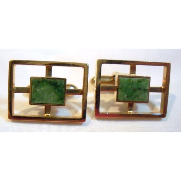 Lamode Karatclad Marbled Jade Square Stone Cufflinks Tie Clip Gold Tone Frame - Picture 7 of 7